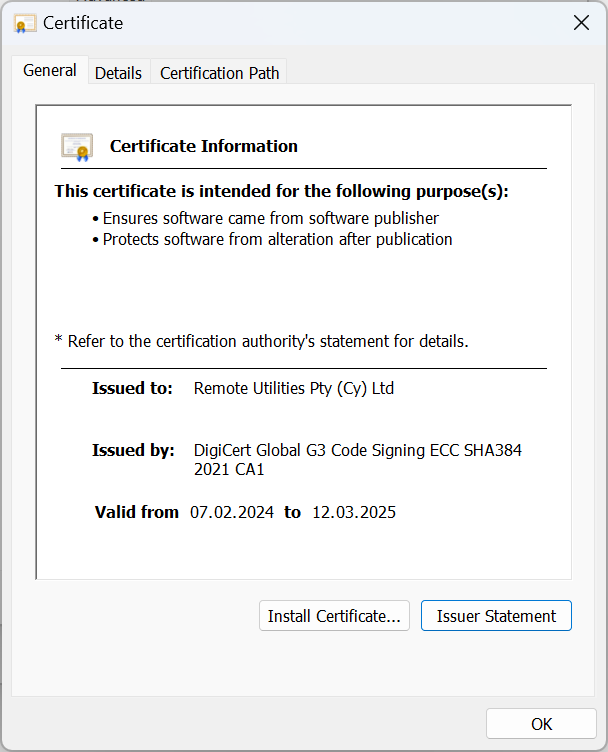 Remote Utilities Digital Signature