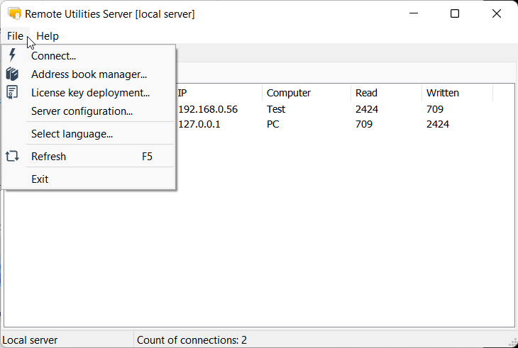 Admin Console File menu