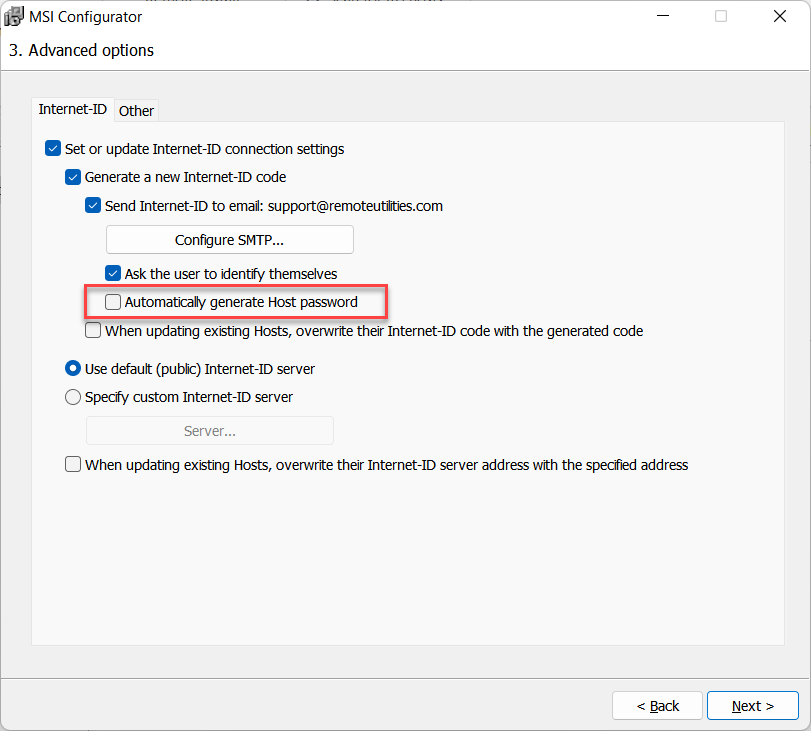 Automatically generate host password not selected