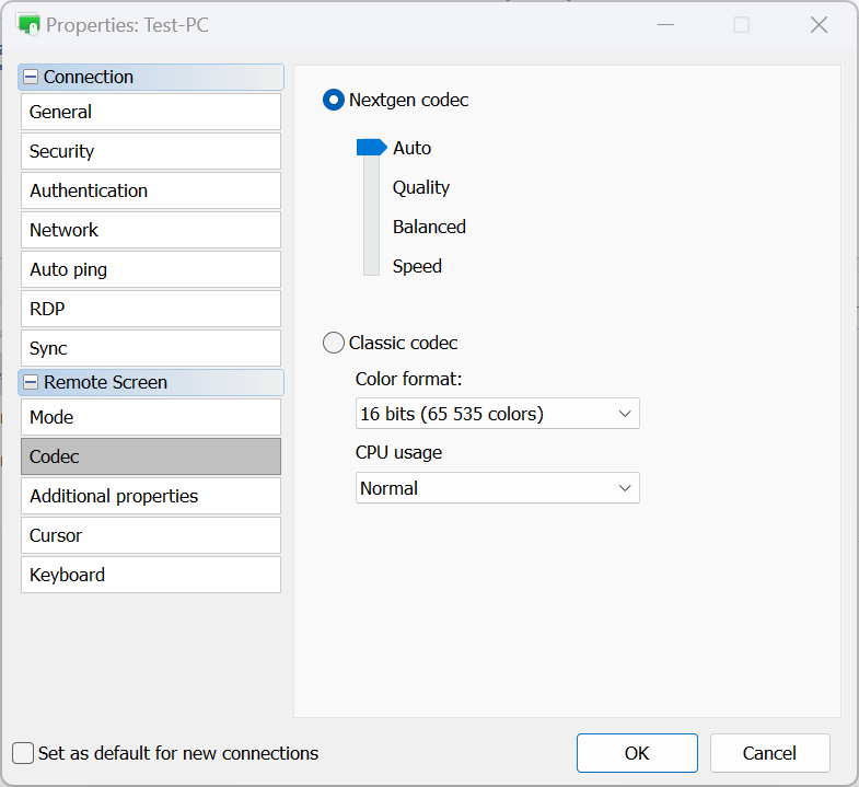 Connection properties - Codec