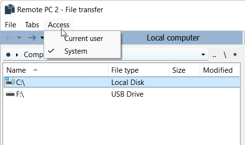 Access menu expanded