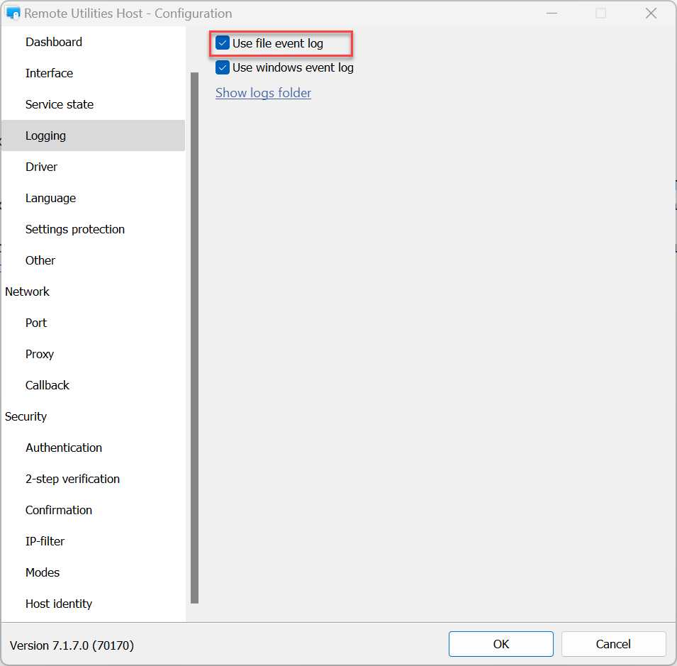 Host log settings