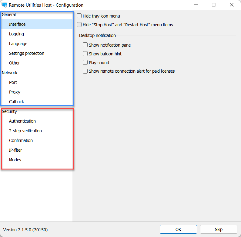 General, Network and Security settings