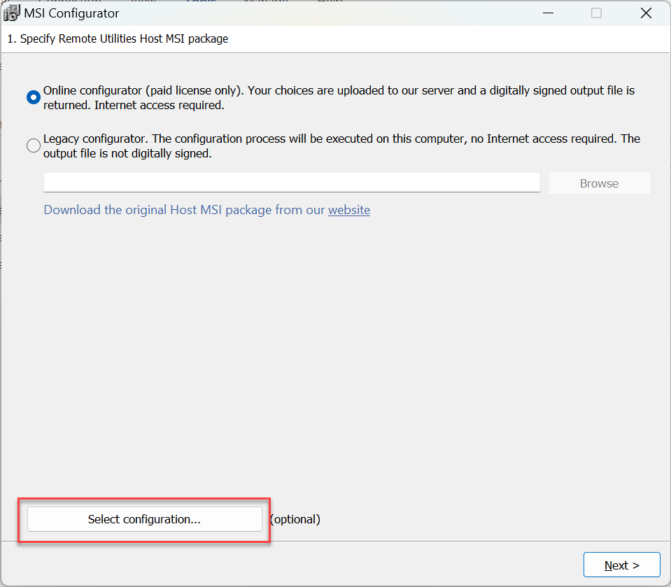 MSI Configurator showing the option to select a saved configuration